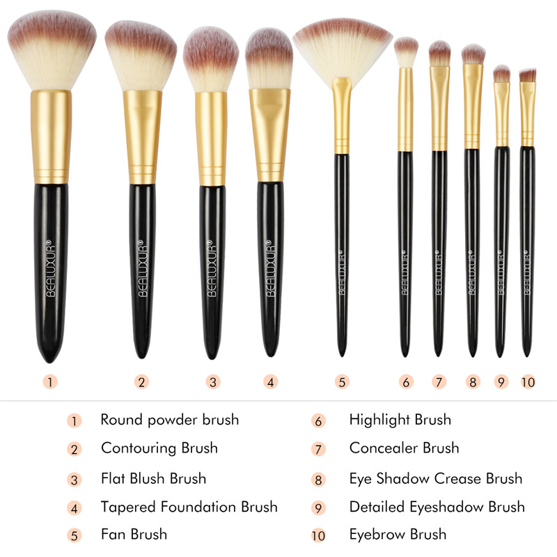 Socraigh Scuab Makeup 10PCS, Uirlisí Scuaba Kit Scuab Snáithín Préimhe Sintéiseach le Mála Makeup Taistil Leathar PU