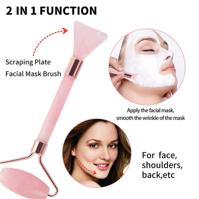 Jade Roller, 100% Rose Quartz Roller &Scraping Plate &Mask Brush and Face Cleaning Brush 4 Functional Face Massager for Face Eye Neck Body