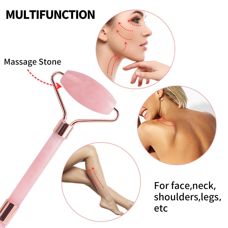 Jade Roller, 100% Rose Quartz Roller &Scraping Plate &Mask Brush and Face Cleaning Brush 4 Functional Face Massager for Face Eye Neck Body