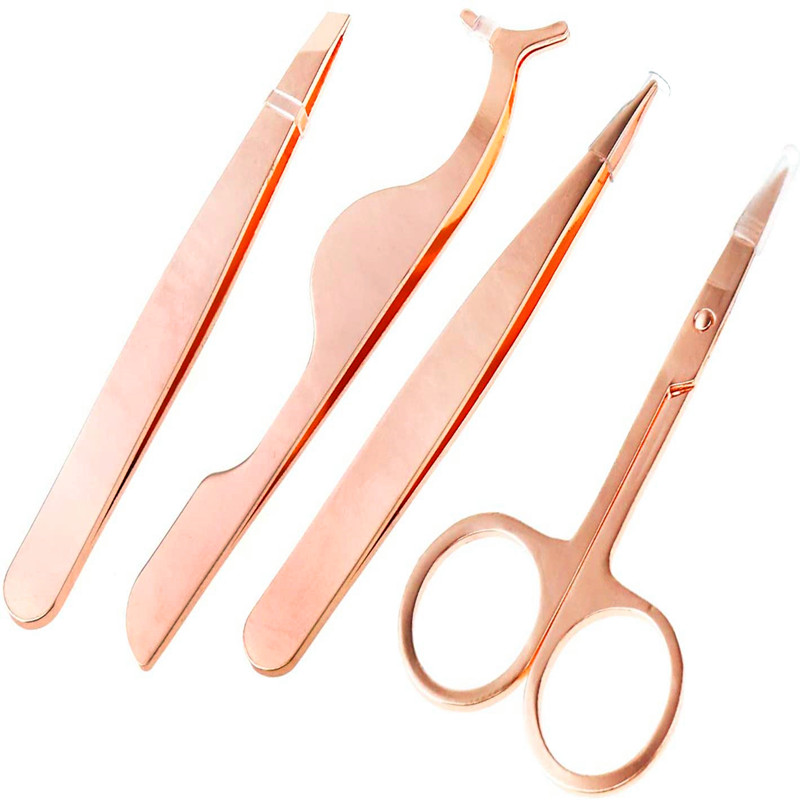 4pcs Sraith de Siosúr Eyebrow Rose Gold Cruach Dhosmálta Tweezers Eyelashes Iarratasóir Iarratasóir Slant Leid Gruaige Tweezers Makeup Úsáid Uirlis