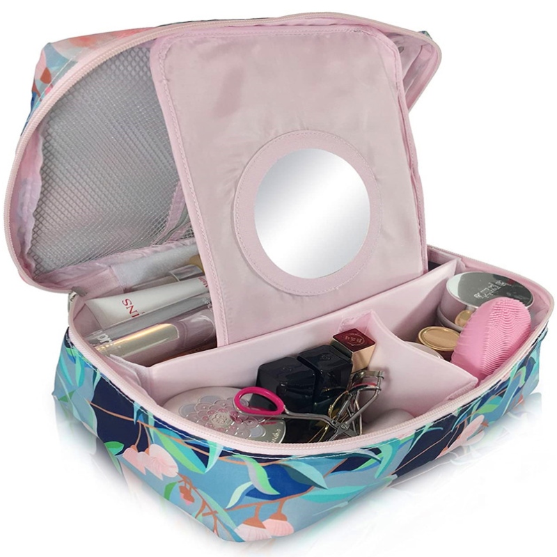 Portable Cosmetic Shavin& 35; 103; Toaletty Beauty Make Up Bag Pouch Organizer ladustamine eemaldatava jaoturi ja peegli abil reisimiseks, äritegevuseks, puhkuseks ja vannituba (Blue)
