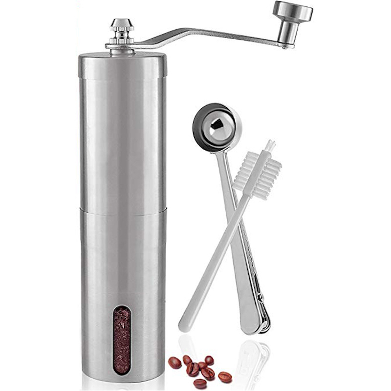 Roostevaba teras Juhtmeta Kaasaskantav Käsitsi Kohv Grinder Conical Burr Hand Coffee Bean Grinder Measuring Brush Spoon