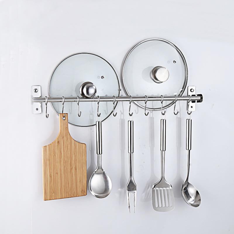 Hooks Sleamhnáin Inbhainte Balla Cistine Cruach Dhosmálta Iarnród Crochta Utensil Suite le Raca Sealbhóir Crochta Bar dúbailte