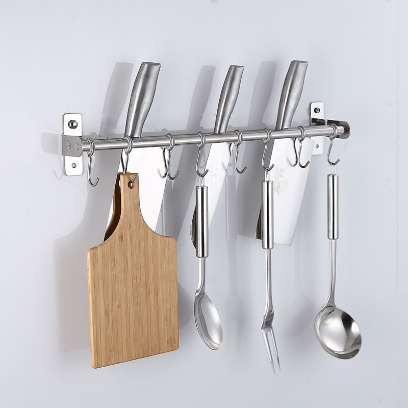 Hooks Sleamhnáin Inbhainte Balla Cistine Cruach Dhosmálta Iarnród Crochta Utensil Suite le Raca Sealbhóir Crochta Bar dúbailte