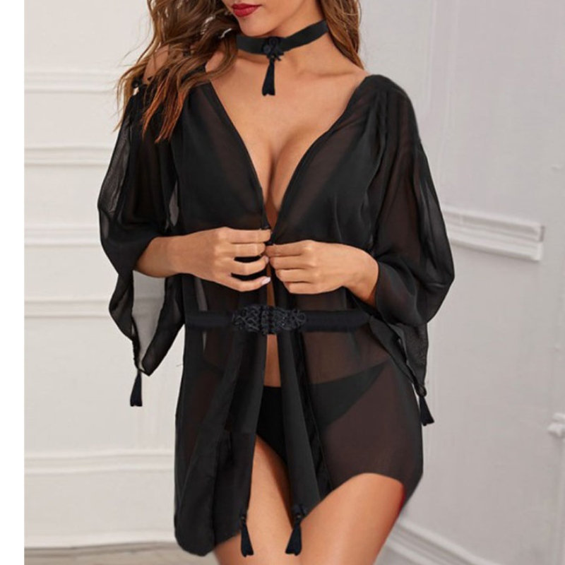 bodysuit lingerie sexy, lingerie sexy chaude trédhearcach, mná lingerie sexy Sexy See-through Long Sleeve Chiffon Baile Átha Troim Neamhrialta Baile Átha Troim Nightgown Le G-string