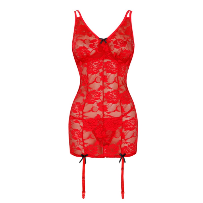 lingerie sexy do mhná, lingerie sexy do mhná móide méid, lingerie sexy do ghnéas Dearg-trí Lása Floral Spaghetti Straps Chemise Lingerie Set