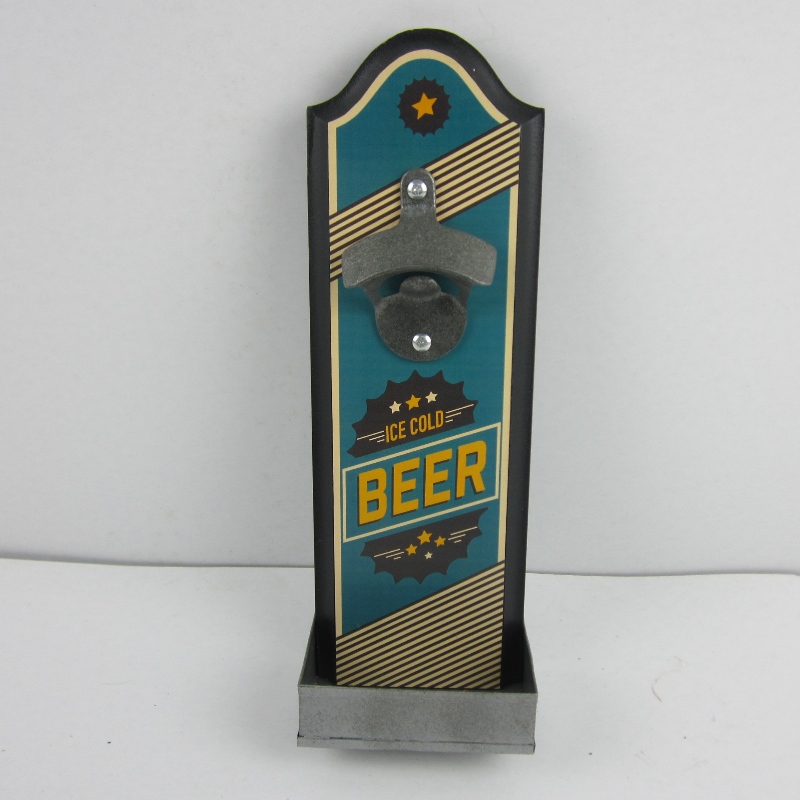 Wall Mounted Wood Plaque Beer Bottle Opener koos Cap Catcher