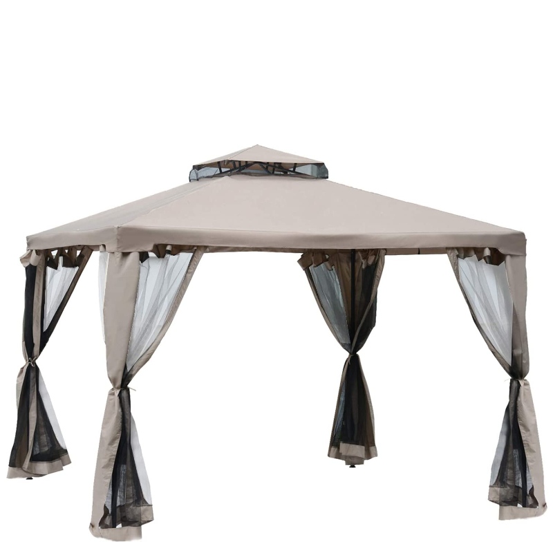 10’ x 10’ Patio Gazebo Paviljon Canopy Tent, 2-Tier Soft Top koos Netting Mesh Sidewinals, Taupe