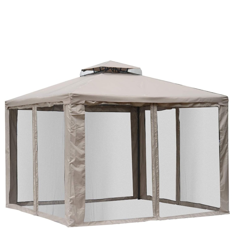10’ x 10’ Patio Gazebo Paviljon Canopy Tent, 2-Tier Soft Top koos Netting Mesh Sidewinals, Taupe