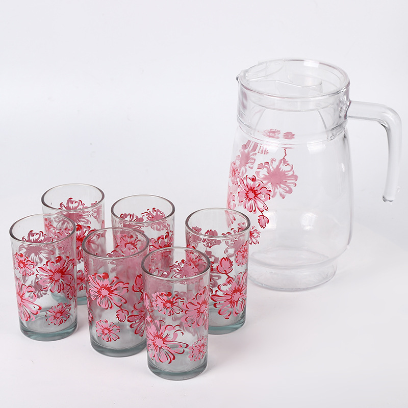 Corn nua 6pc agus crúiscín socraithe do Chorn Uisce Trédhearcach Applique Teaghlaigh 6 Mórdhíol Teapot Gloine Cumais Mhóir