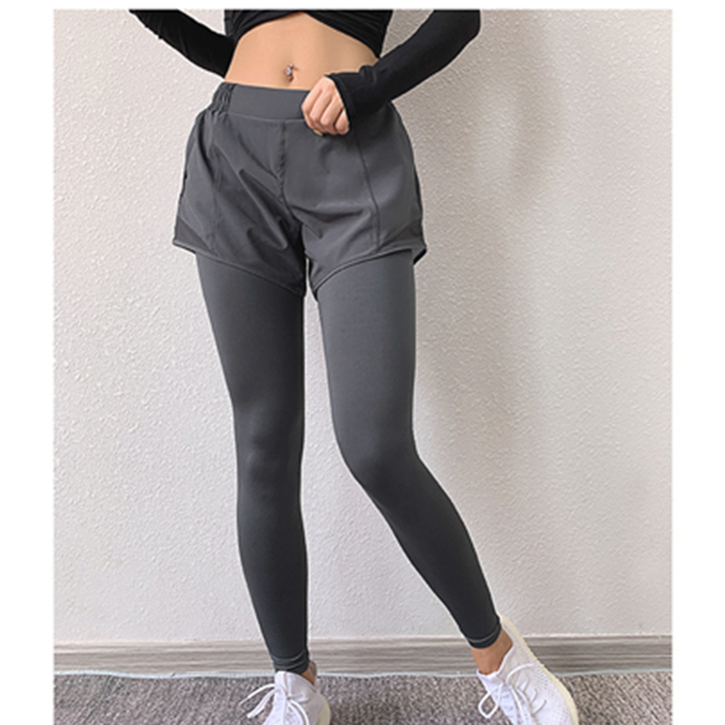 Pants yoga oiliúna stráice daingean dhá phíosa falsa ard