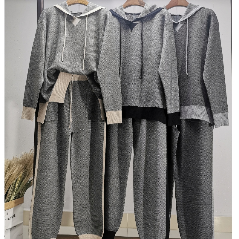 Stíl Spóirt Stíl Spóirt Fashibeble Geansaí Cniotála dhá Píosa Hoodie Socraigh 69053#