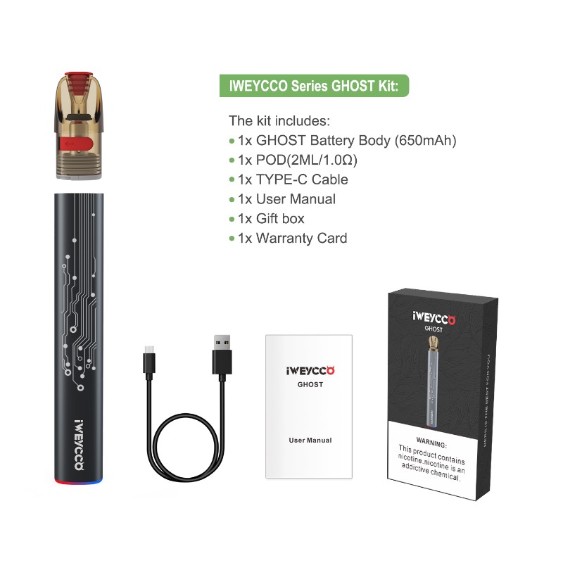 VAPE GHOST IWEYCCO 650MAH JOP POD Leictreonach 2ml Cartús Cartús 2ML duit