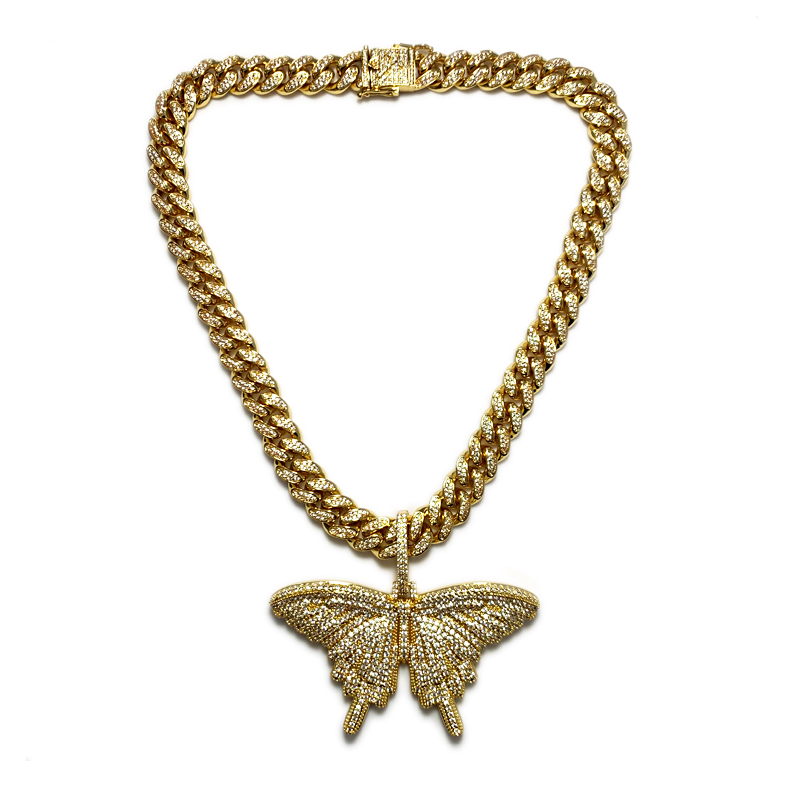 Faisean Bling Bling Féileacán Pink muince Méid Big Féileacán Pendant le slabhra Cuban