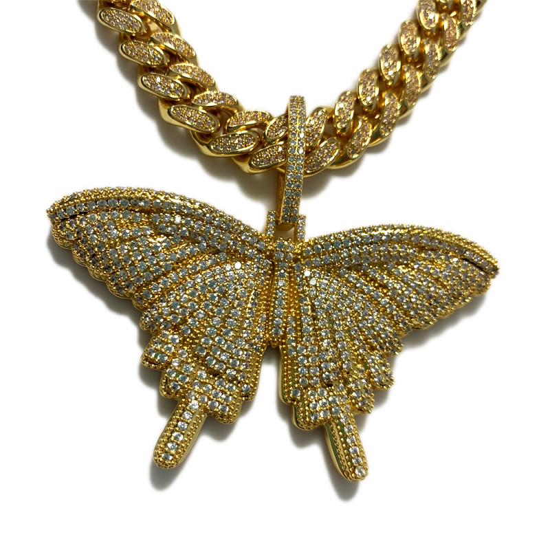 Faisean Bling Bling Féileacán Pink muince Méid Big Féileacán Pendant le slabhra Cuban