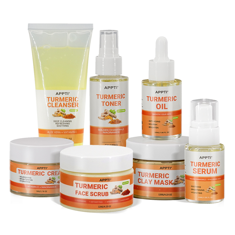 OEM Lipéad Príobháideach Orgánach Vegan Nádúrtha Skincare Skincare Kit Serum Frith Aging Chóiré Chóiré Turmeric Cúram Turmery Turmeric