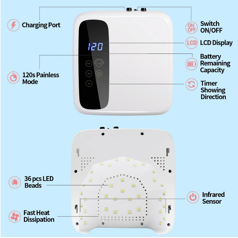 Mnr 602pro lampa ingne faoi stiúir gan sreang, triomadóir ingne gan sreang, solas ingne ingirthithe 72W, lampa ingne iniompartha iniompartha UV le braiteoir 4 lasc ama agus taispeáint LCD, lampa ingne faoi stiúir ghairmiúil do snas glóthach