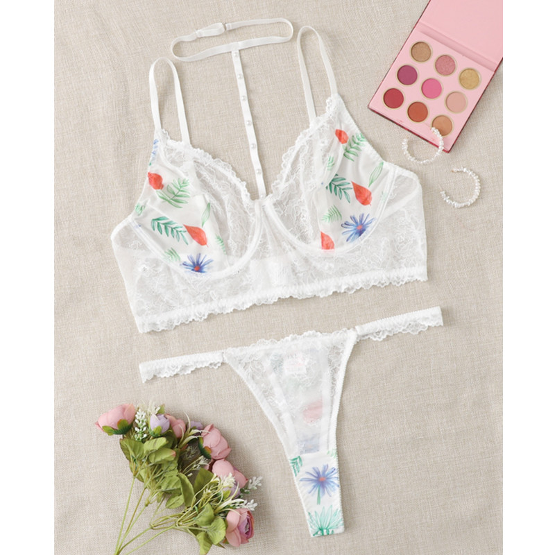 Lingerie Lingerie Lása Priontáil Floral Socraigh le Thong