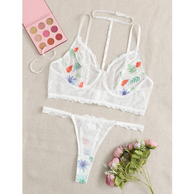 Lingerie Lingerie Lása Priontáil Floral Socraigh le Thong