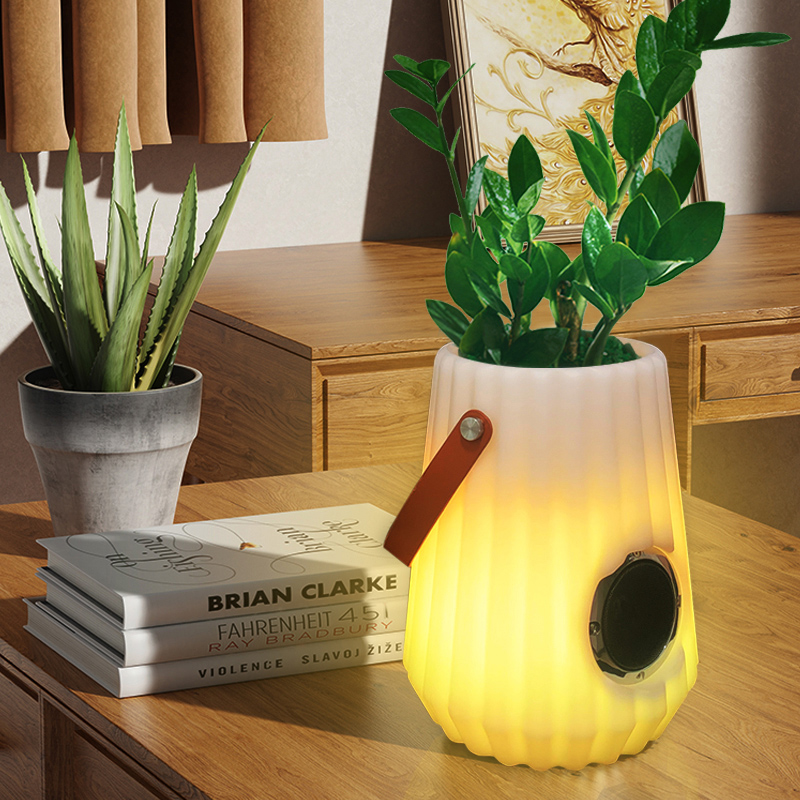Pota bláthanna éadrom faoi stiúir faoi dhíon lampa tábla cliste cruthaitheach do sheomra suí, seomra leapa, maisiú gairdín, soilse buicéad oighir dimmable le cainteoir Bluetooth
