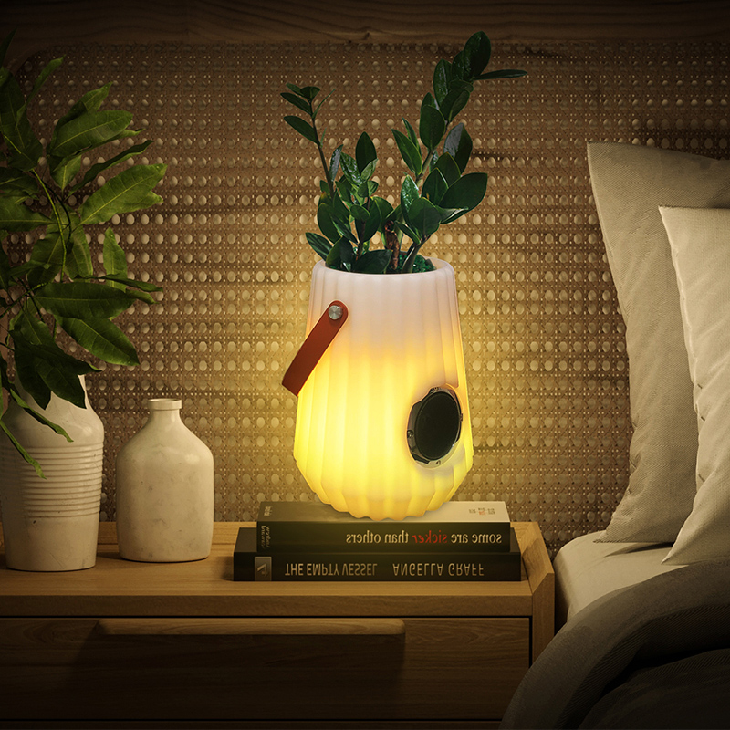 Pota bláthanna éadrom faoi stiúir faoi dhíon lampa tábla cliste cruthaitheach do sheomra suí, seomra leapa, maisiú gairdín, soilse buicéad oighir dimmable le cainteoir Bluetooth
