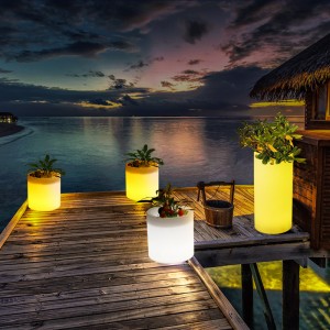 Potaí bláthanna éadrom gairdín lasmuigh faoi stiúir, dath rgb ag athrú plaisteach faoi stiúir potaí bláthanna soilsithe le haghaidh bainise, páirtí imeachtaí, óstán, maisiú searmanas oscailte searmanas (IP68 uiscedhíonach)