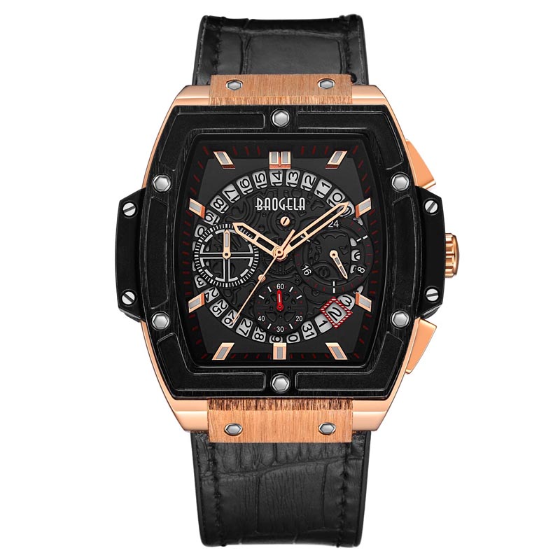 Branda Baogela Faisean Mens Spóirt Spóirt Féilire Féilire Waterproof Watch Watch Multifunction Banna Silicone Mens Faire 1703 Rose Black