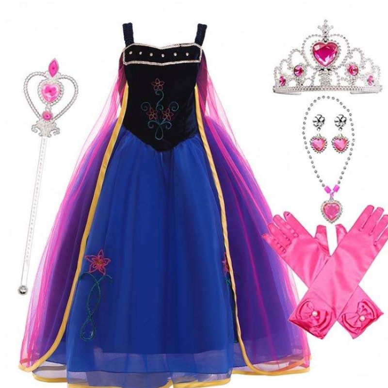 Cailín Cosplay Snow Banríon Banríon Éadaí Banphrionsa Éadaí Anna Éadaí Gúna Anna le Crown Wand Glove Accessories HCGD-010