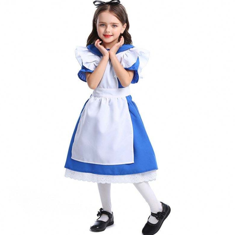 Cailíní Oíche Shamhna Ruffle Baile Átha Troim Tie Coim Blue Alice i Wonderland Cosplay Kids Le Apron Bán 4-12 bliana DGHC-070