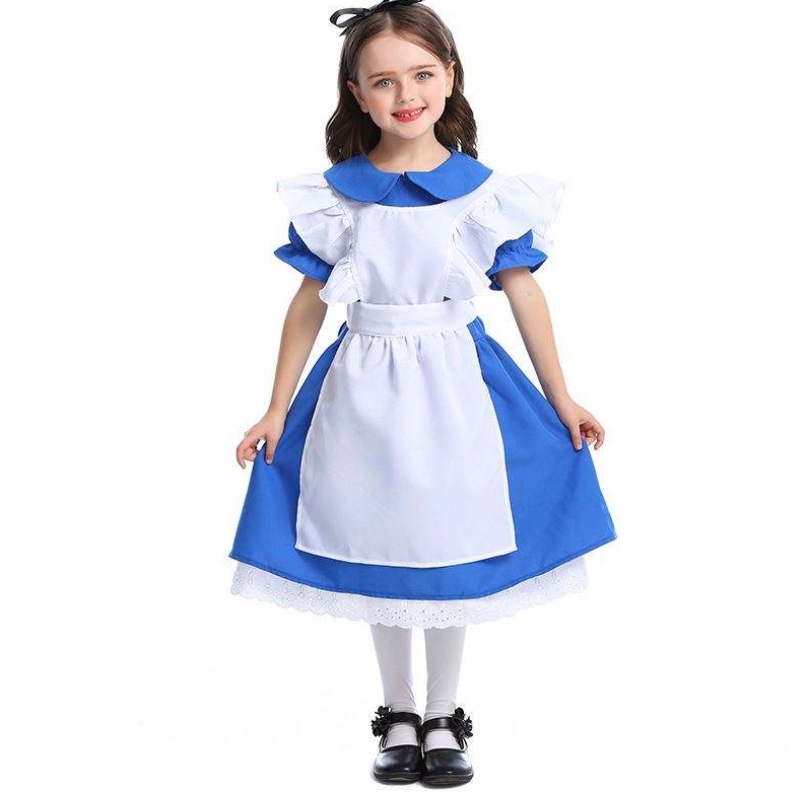 Cailíní Oíche Shamhna Ruffle Baile Átha Troim Tie Coim Blue Alice i Wonderland Cosplay Kids Le Apron Bán 4-12 bliana DGHC-070