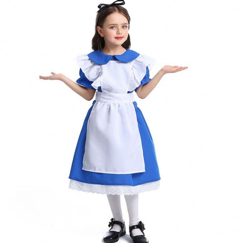 Cailíní Oíche Shamhna Ruffle Baile Átha Troim Tie Coim Blue Alice i Wonderland Cosplay Kids Le Apron Bán 4-12 bliana DGHC-070