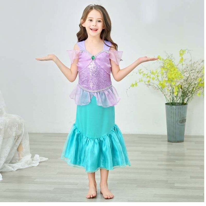 Sequins Girls Little Girls Banphrionsa Gúna mermaid do chailín 6to7 bliana le jewelry HCMM-006