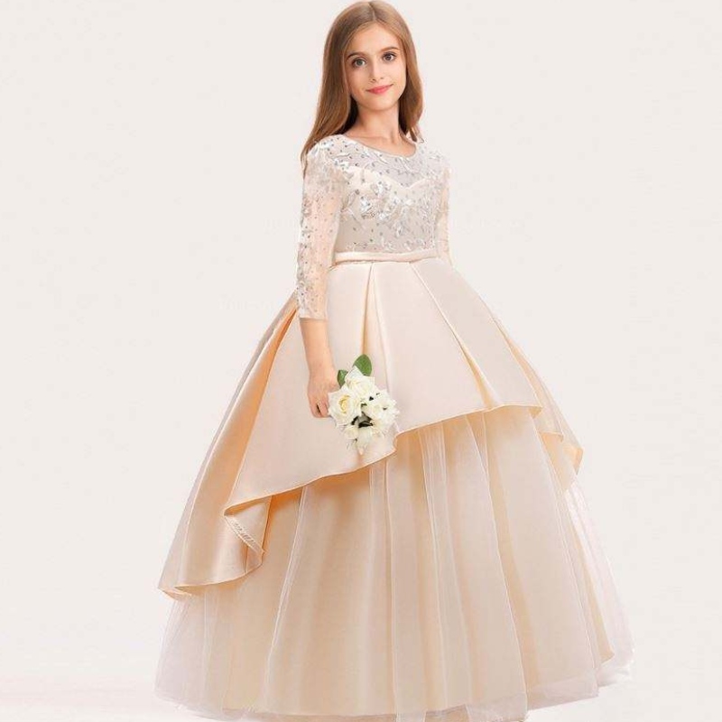 Boutique fada muinchille banphrionsa gowns tráthnóna cailín leanbh lá breithe gúna cóisir bainise le bláthanna LP-233