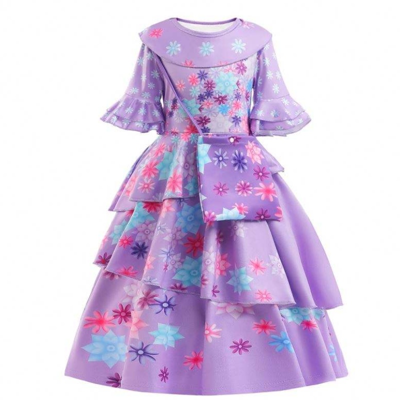 2022 CÚRAM NUA KIDS ENCANTO Éadaí Encanto Isabella Cosplay Flower Clóbhuailte Caitheamh Caitheamh Laethúil Do Chailín Le Mála