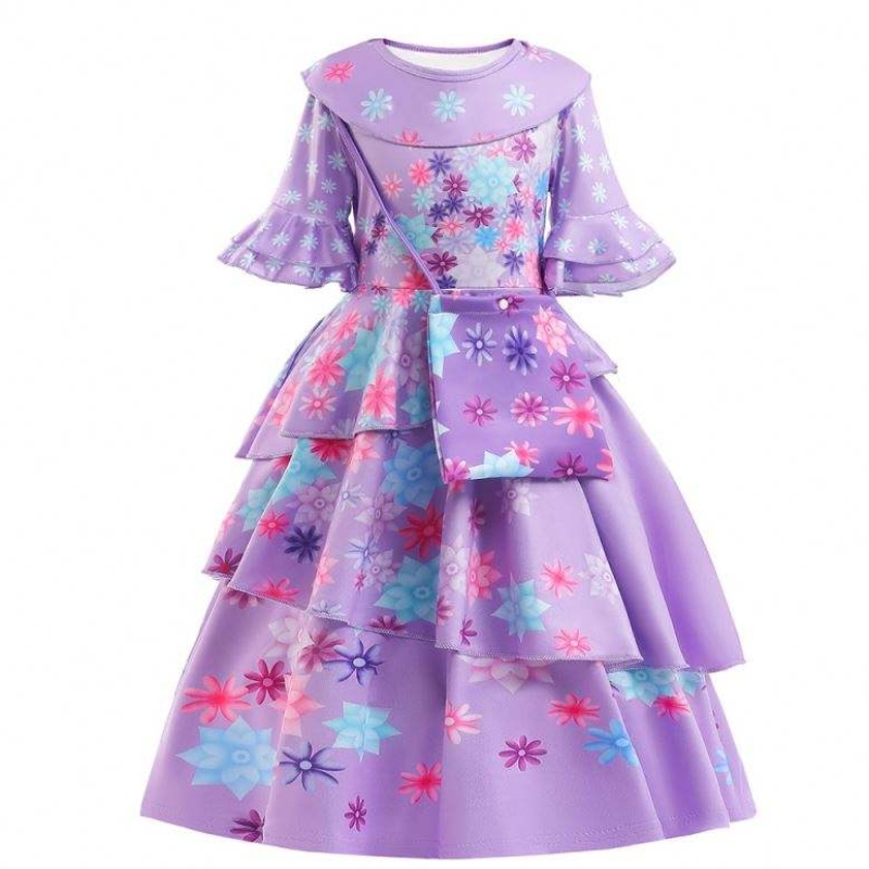 2022 CÚRAM NUA KIDS ENCANTO Éadaí Encanto Isabella Cosplay Flower Clóbhuailte Caitheamh Caitheamh Laethúil Do Chailín Le Mála