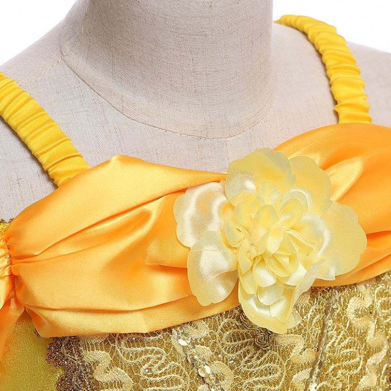 Baige New Design Kids Cailíní Éadaí Cailíní Ainmneacha le Pictiúir Banphrionsa Belle Gúna Fada Puffy Buí Smr023