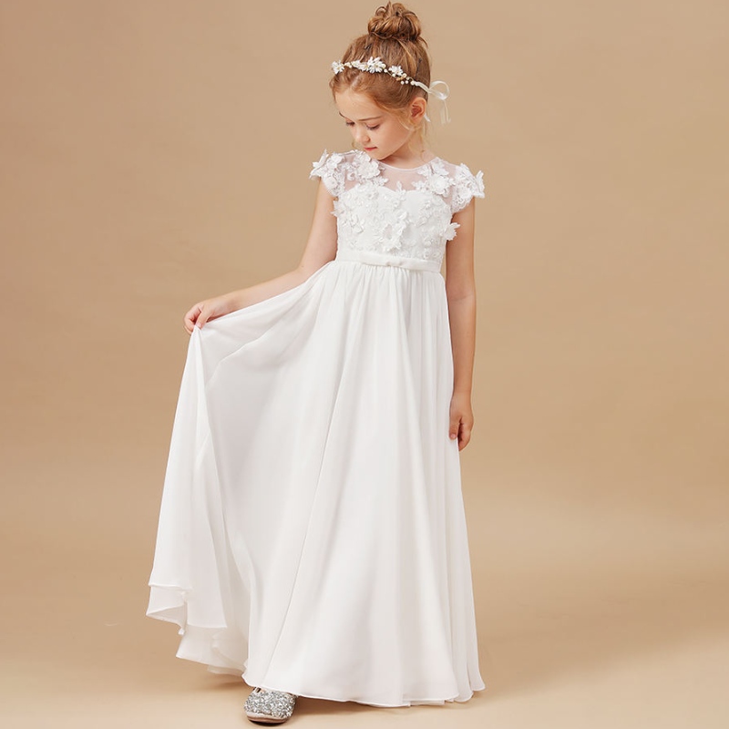 Gúnaí Cailín Flower Applique Sleeveless Kids Páirtí Breithlá Gúnaí Pageant Póstaí An Chéad Primera Communion110; Vestidos galánta 2-14