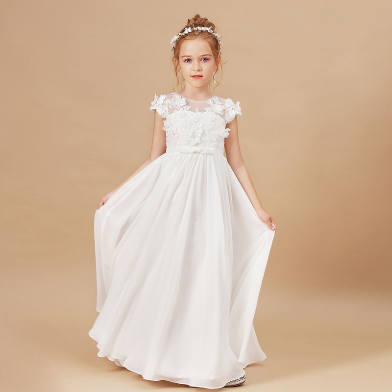 Gúnaí Cailín Flower Applique Sleeveless Kids Páirtí Breithlá Gúnaí Pageant Póstaí An Chéad Primera Communion110; Vestidos galánta 2-14