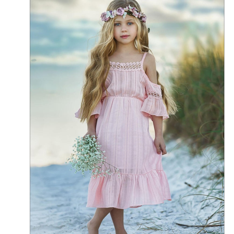 Kids Samhraidh Cailíní Lasmuigh de Ghualainn Gúna Gúnaí Bán Bán Pink Ruffle Leanaí Pageant Bainise Bainise Banphrionsa le haghaidh Gir Bláthanna