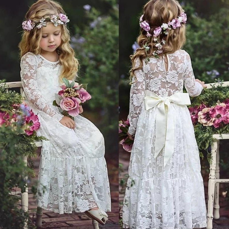 Cailín Samhraidh Bainise lása gúna fada Gúna Fada 2-12 Gúnaí Banphrionsa Pageant Bainise Bow Bow Bridesmaid Do Chailíní Bláthanna