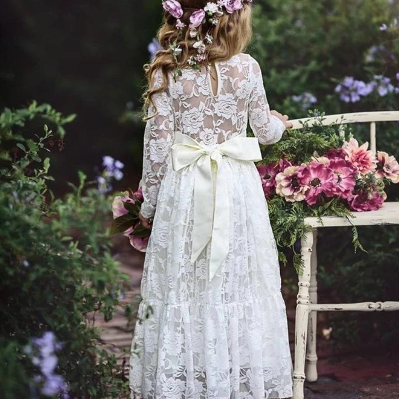 Cailín Samhraidh Bainise lása gúna fada Gúna Fada 2-12 Gúnaí Banphrionsa Pageant Bainise Bow Bow Bridesmaid Do Chailíní Bláthanna