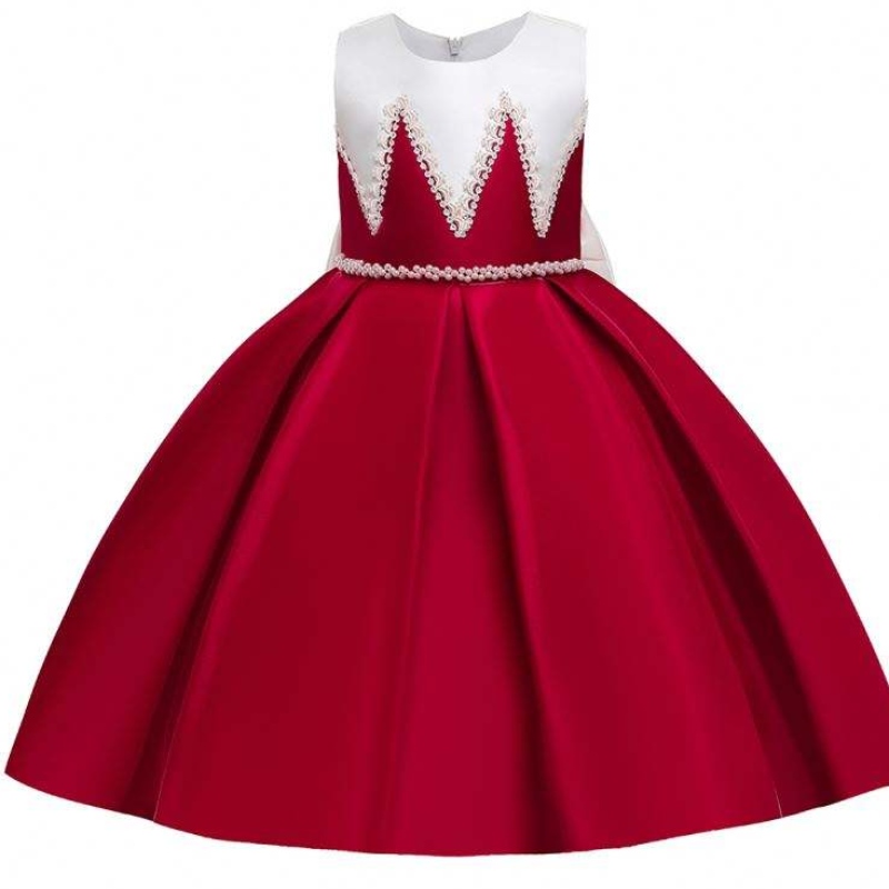 Ábhar satin baige Big Bow Knot Dath Dath Dearg Gúnaí Bridesmaid Gúnaí Breithlá do Chailíní
