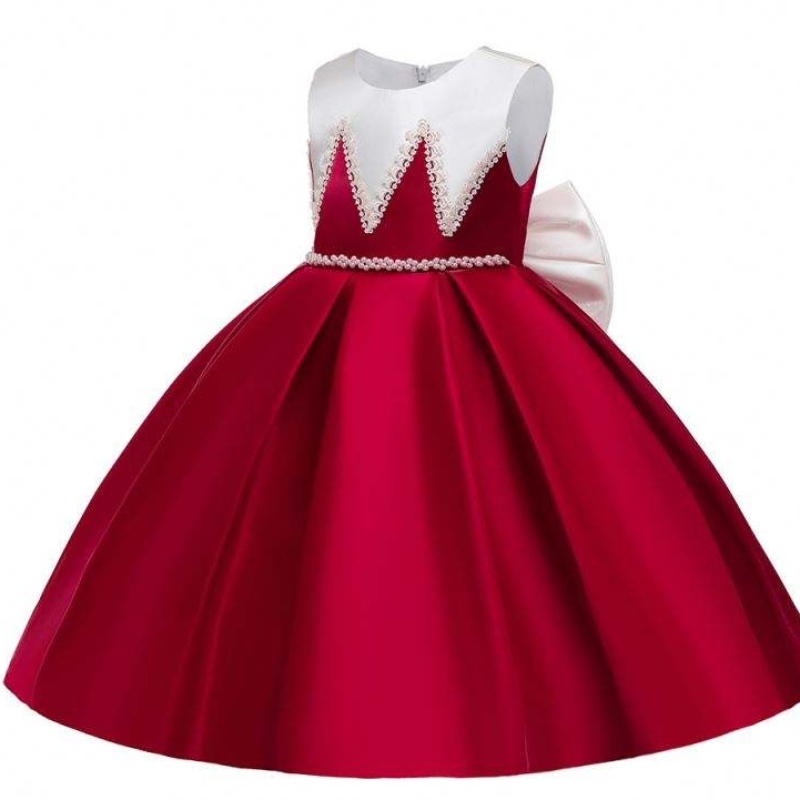 Ábhar satin baige Big Bow Knot Dath Dath Dearg Gúnaí Bridesmaid Gúnaí Breithlá do Chailíní