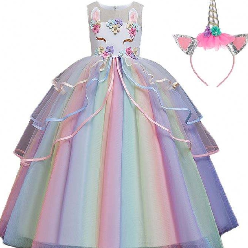 Baige Díolachán Te Rainbow Gúnaí Cóisir Unicorn Leanaí Leanaí Gúna Cailín Bláthanna Le Headband