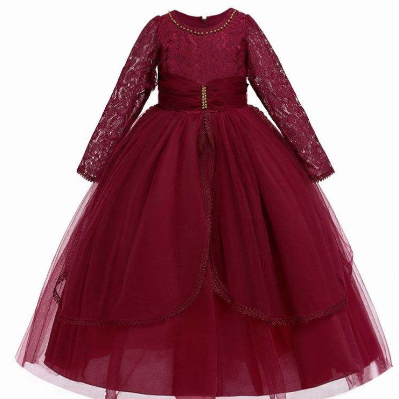 Sraitheanna banphrionsa muinchille fada baige baige maroon tulle cailíní lá breithe gúnaí cóisir lása gúna cailín bláthanna