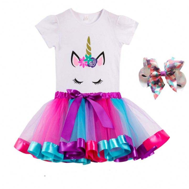 Värviline T-särk + kleit Sünnipäeva pidu kostüüm suvine puuvillane Unicorn kleit DJS075