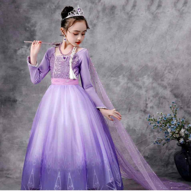 Baige Snow Queen Corcra Elsa Gúna Elsana Nollag Oíche Shamhna Anna Cailíní Éadaí Gúnaí Sequined bróidnithe Fada