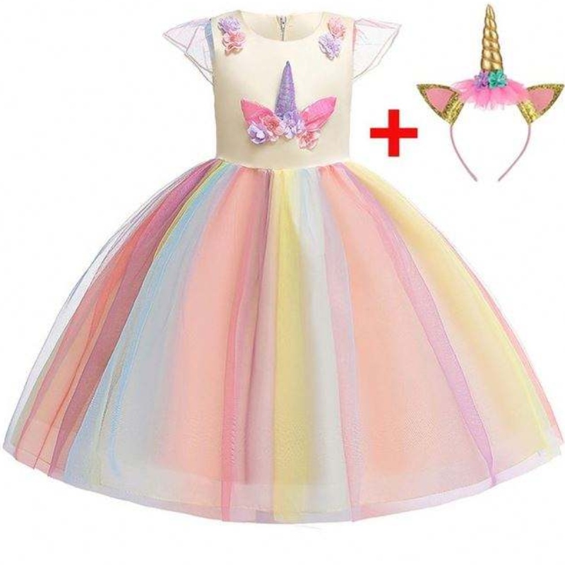 Baige Ruffles Ardchaighdeáin Unicorn Gúna Babaí Kids Gúnaí Samhail Álainn Samhail Smocked Leanaí DJS003