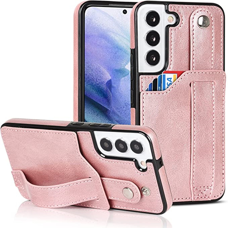 Deartha le haghaidh Cás Samsung Galaxy S22 5G Sparán le Strap Wrist Inchoigeartaithe Kickstand Cárta Cárta Creidmheasa Leathar Sealbhóir Clúdach Cosanta Hibrid Trom Dleachta Trom Clúdach Cosanta do Mhná Fir 6.1 Orlach Bándearg