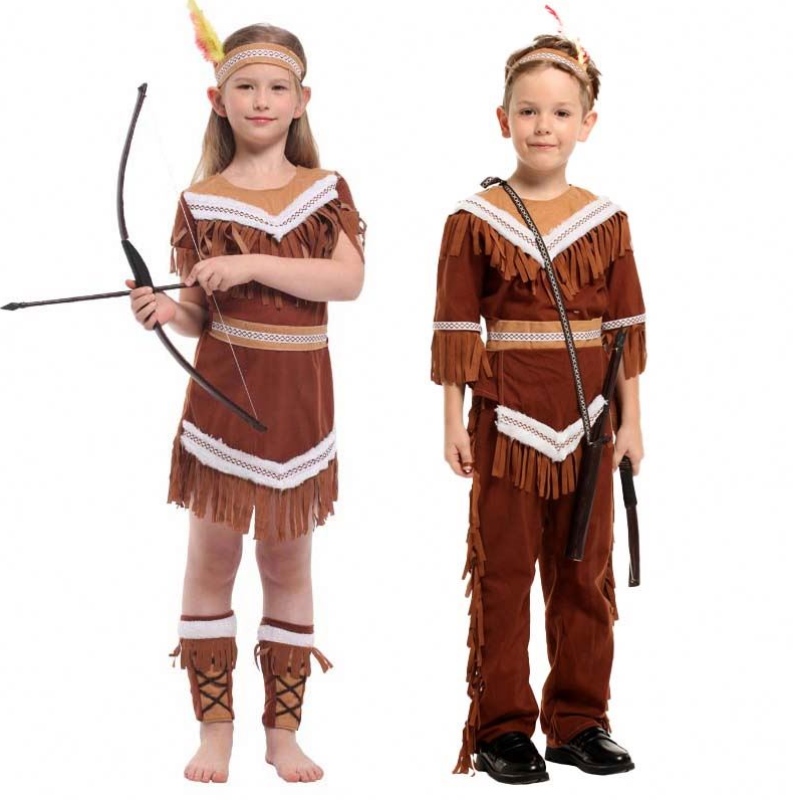 2022 Kids Indiach Banphrionsa Huntress Leanaí Buachaillí Brown Fringed Cailíní Éadaí Indiach